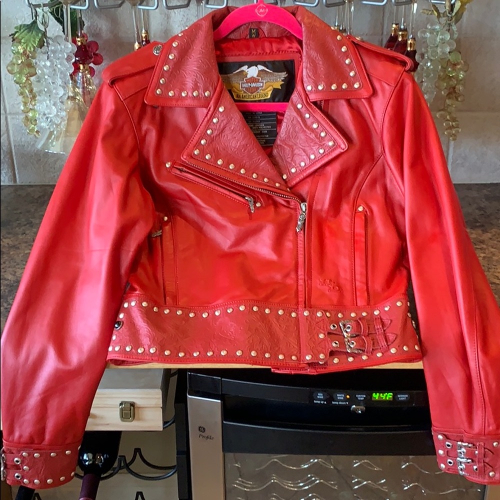Red hot Harley Davidson leather motorcycle jacket
